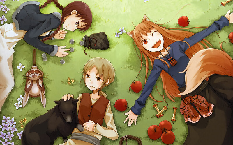 Anime girls relaxing in a field