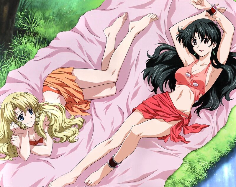 Anime girls relaxing on a blanket
