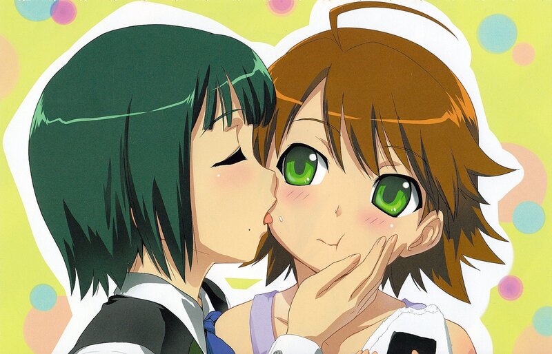 anime girls sharing a kiss