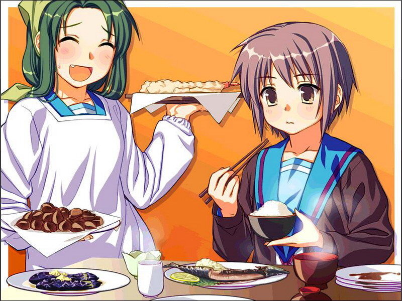 Anime girls sharing a meal