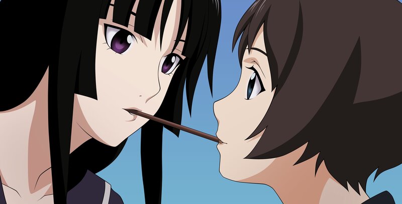 anime girls sharing a stick