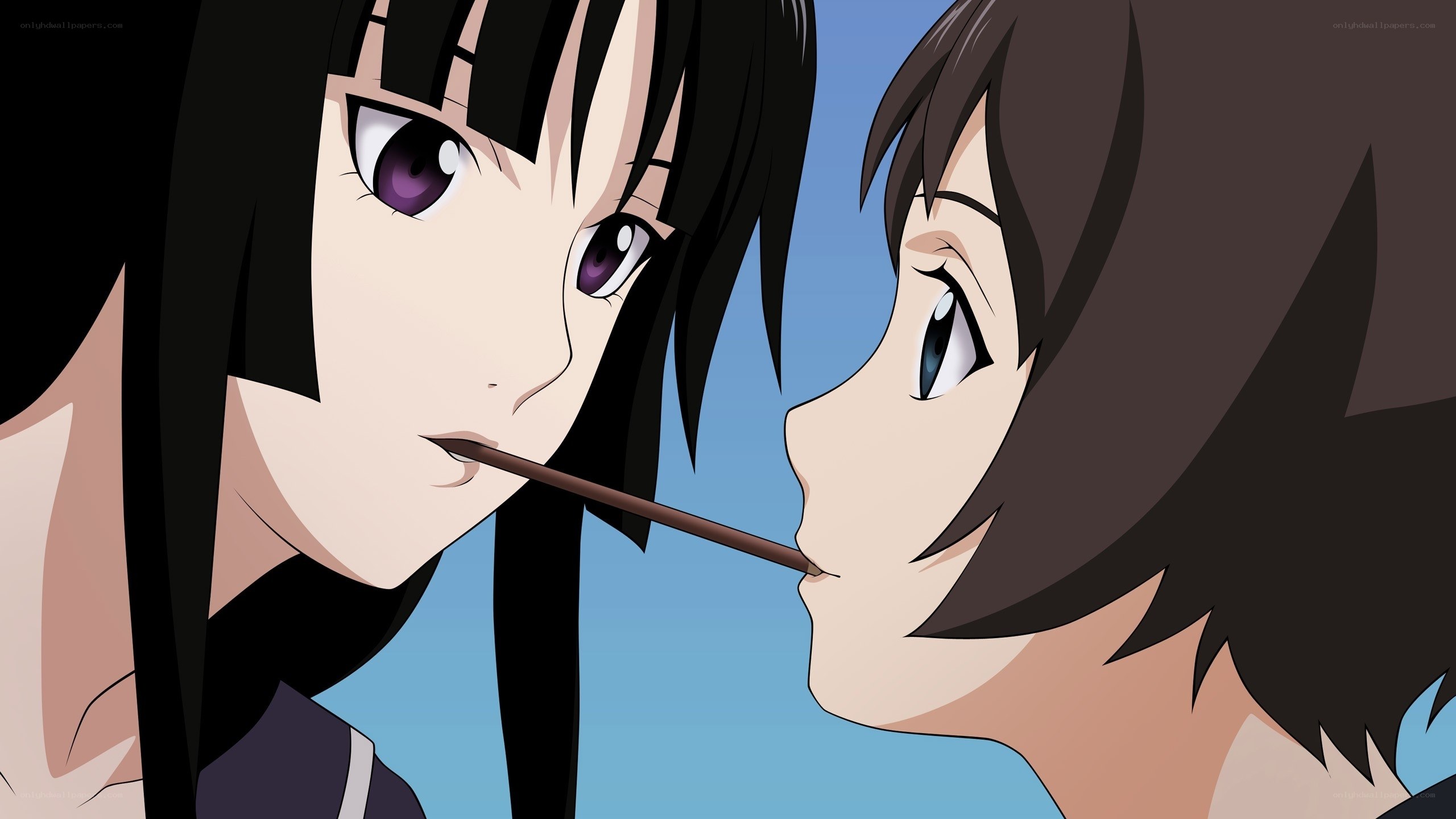 anime girls sharing a stick