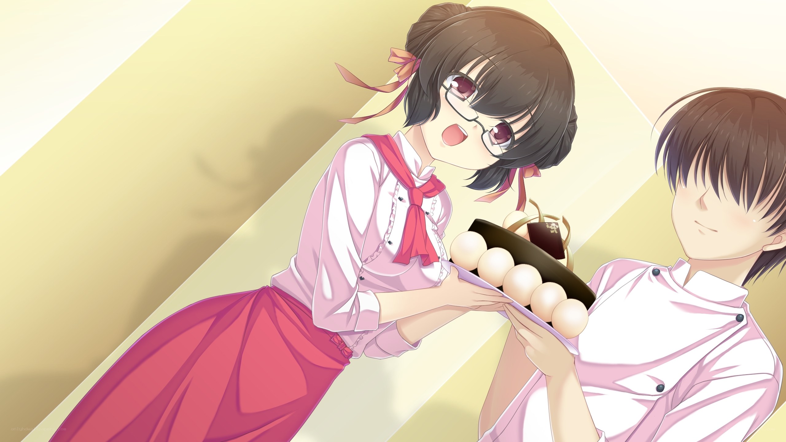 Anime girls sharing dessert