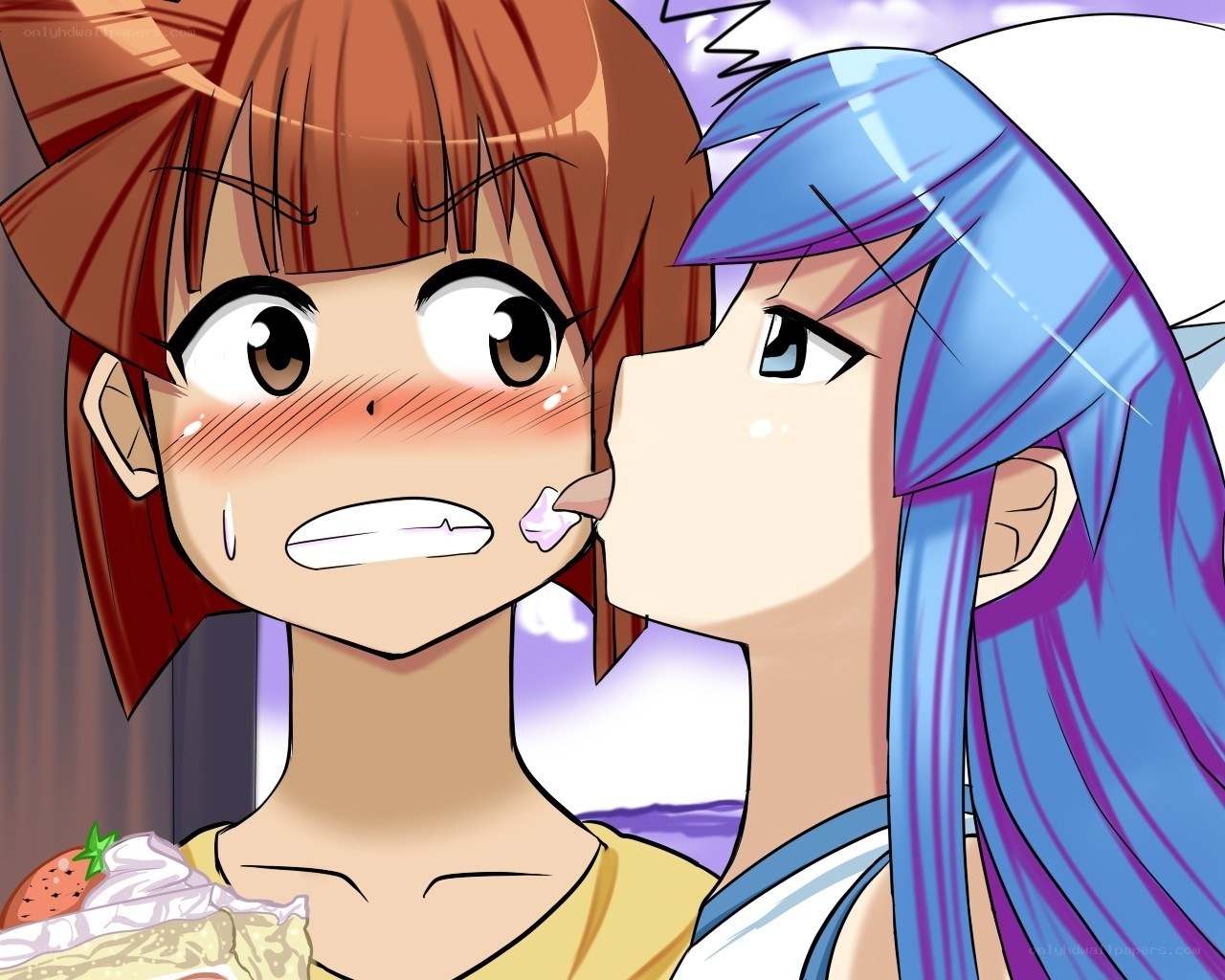 anime girls sharing dessert