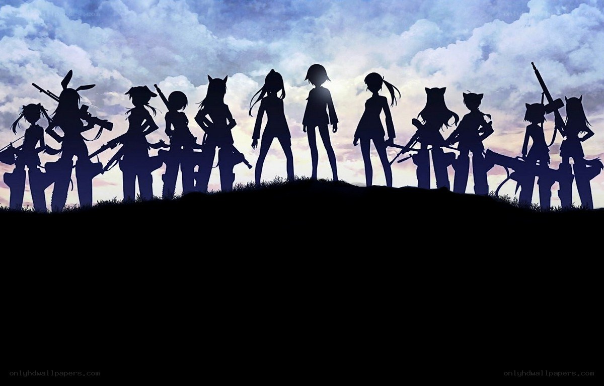 anime girls silhouetted at sunset