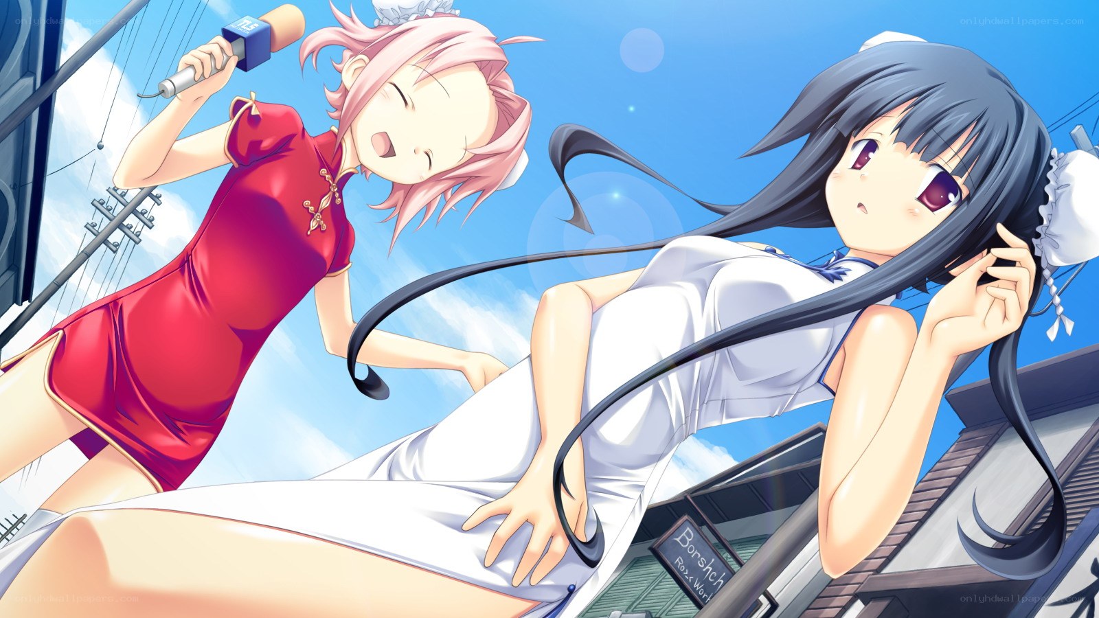 Anime girls singing on rooftop