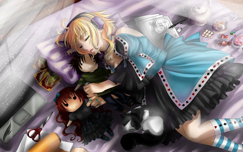 Anime Girls Sleeping — Purple, Peaceful, Digital Art, Cat, Doll