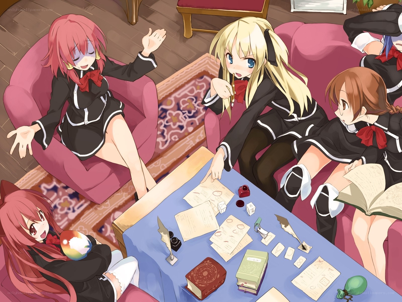 anime girls studying together