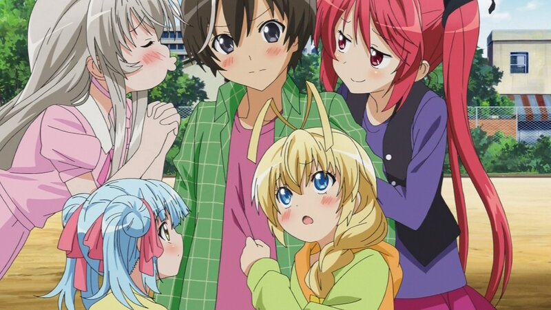 anime girls surrounding a boy