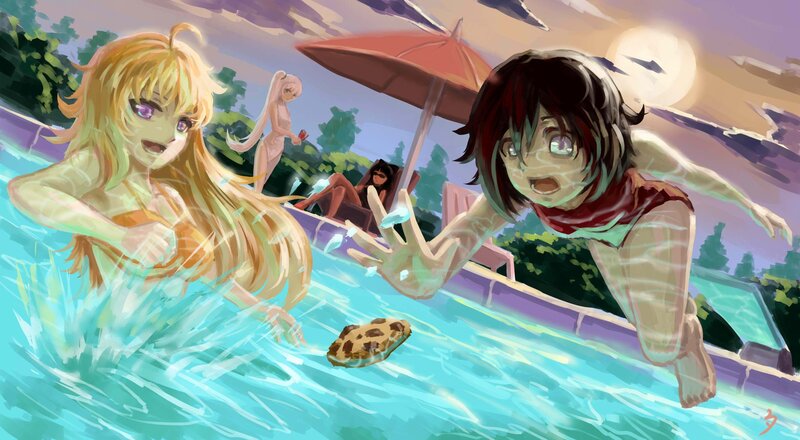 Anime girls swimming in pool
