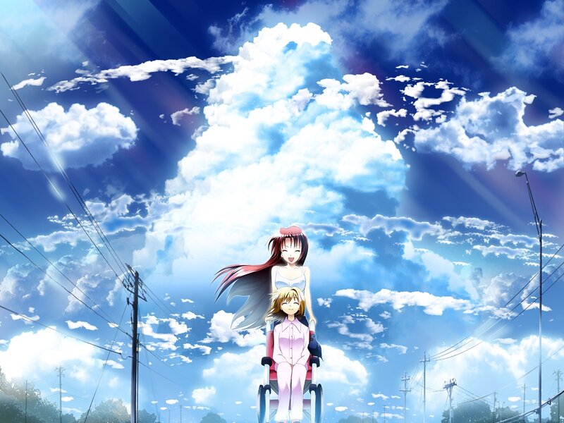 Anime girls under a bright sky