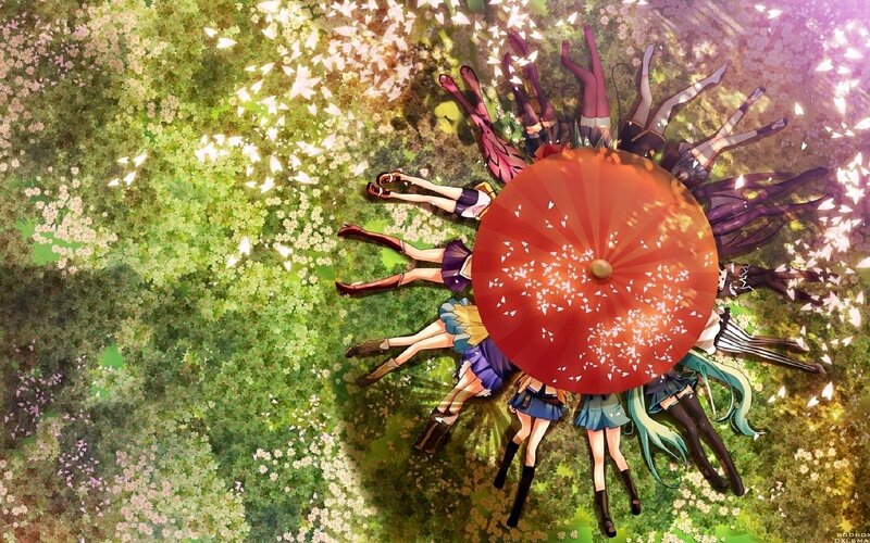 anime girls under a red umbrella