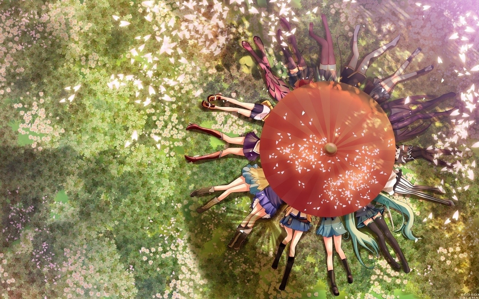 Anime girls under a red umbrella