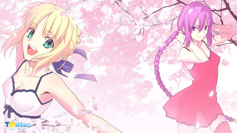 Anime girls under cherry blossoms