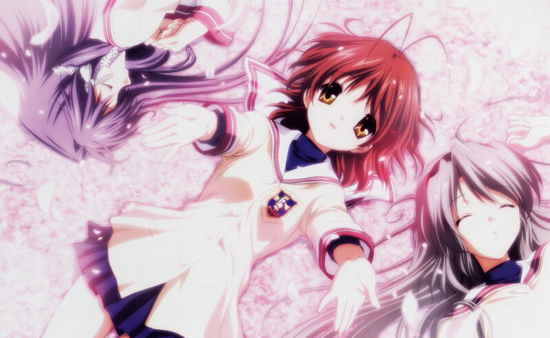 anime girls under cherry blossoms
