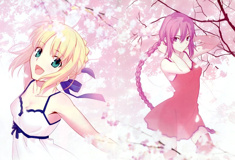 Anime girls under cherry blossoms