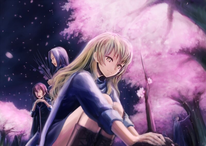 Anime girls under cherry blossoms