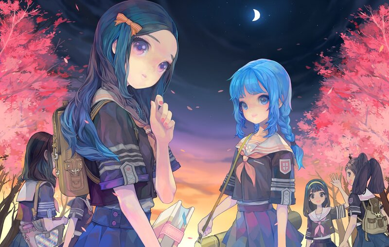 Anime girls under cherry blossoms