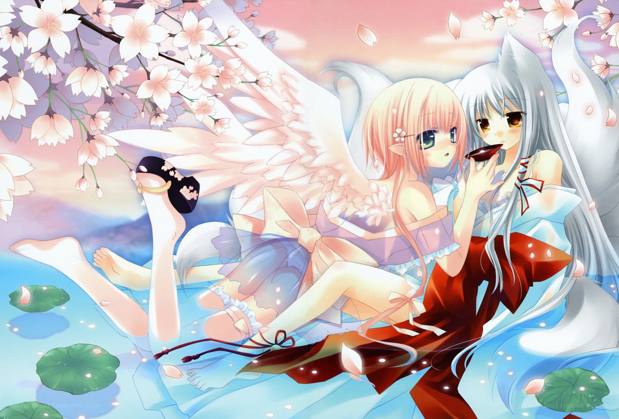 Anime girls under cherry blossoms