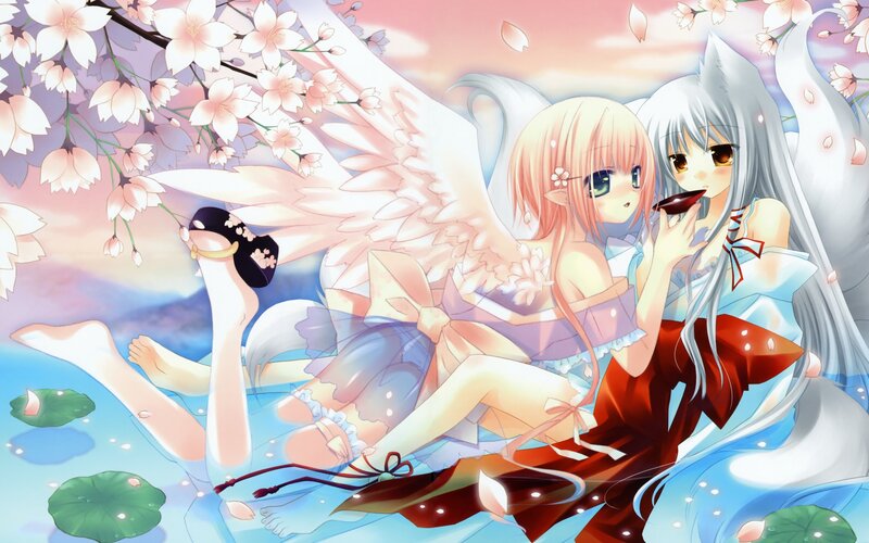 Anime girls under cherry blossoms