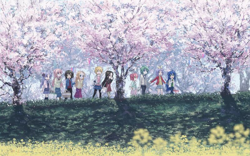 Anime girls under cherry blossoms