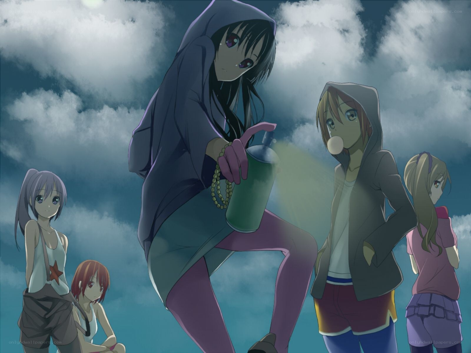 Anime girls under cloudy sky