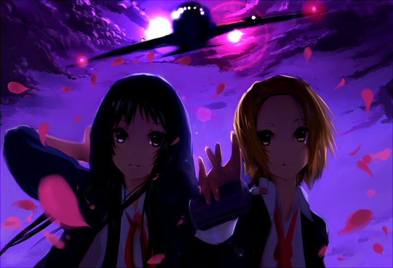 Anime girls under purple sky