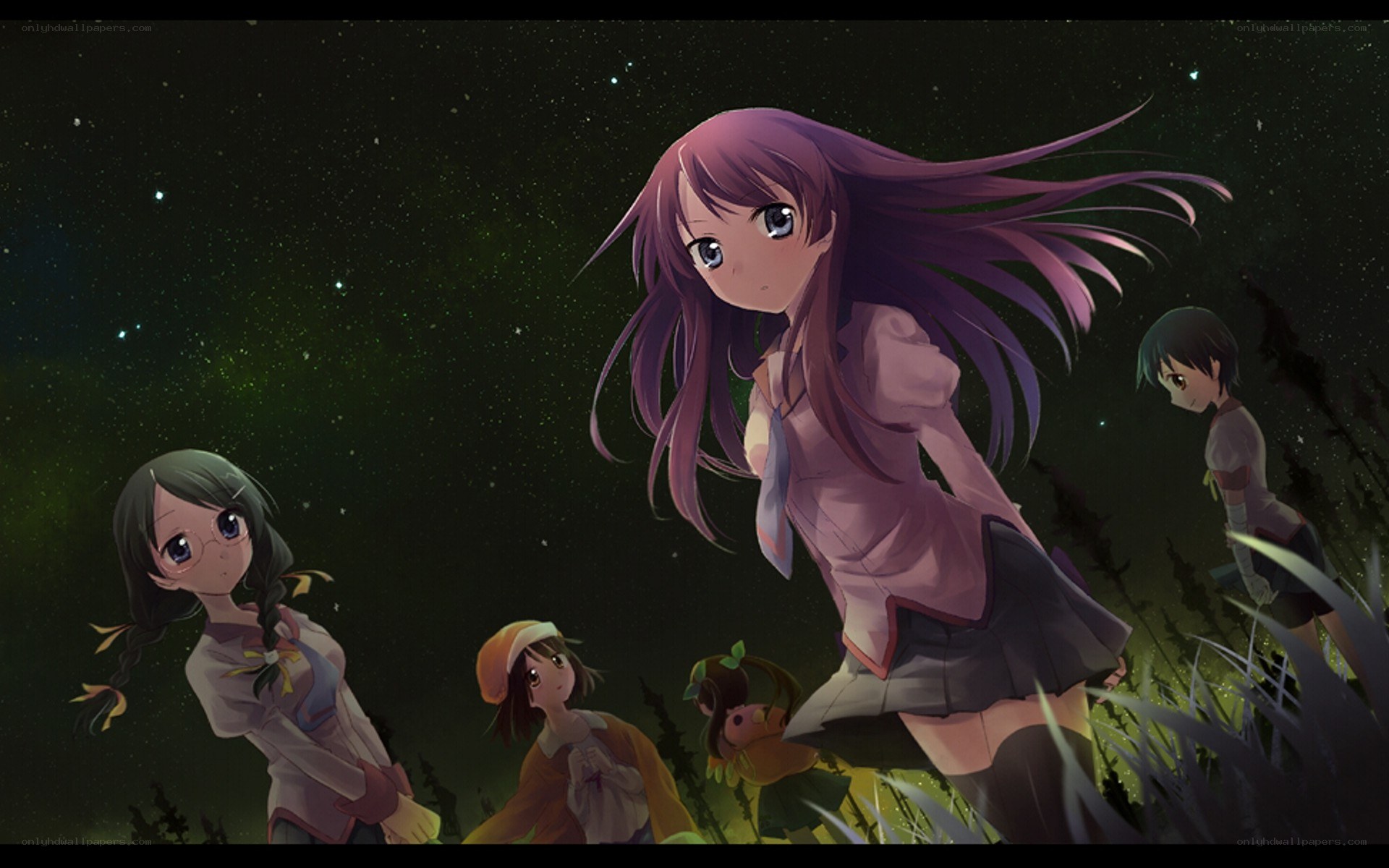 anime girls under starry sky