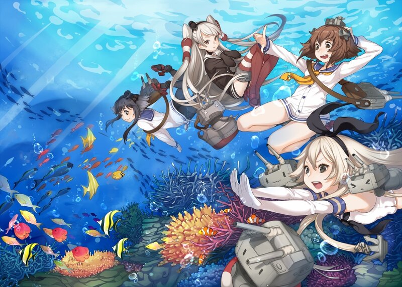 Anime Girls Underwater — Blue, Playful