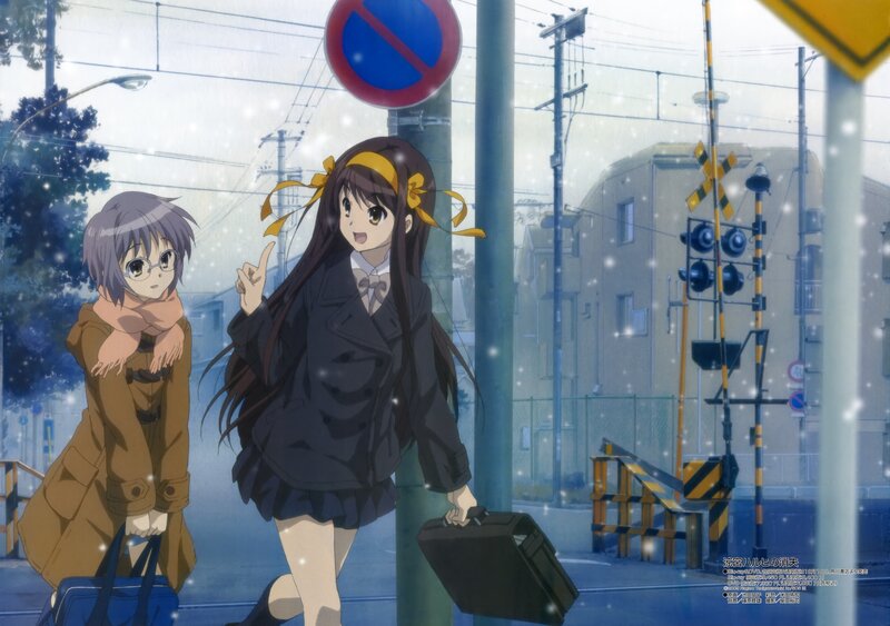 Anime girls walking in snow