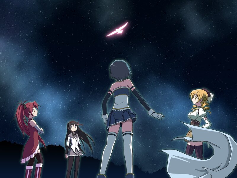 anime girls watching a glowing bird
