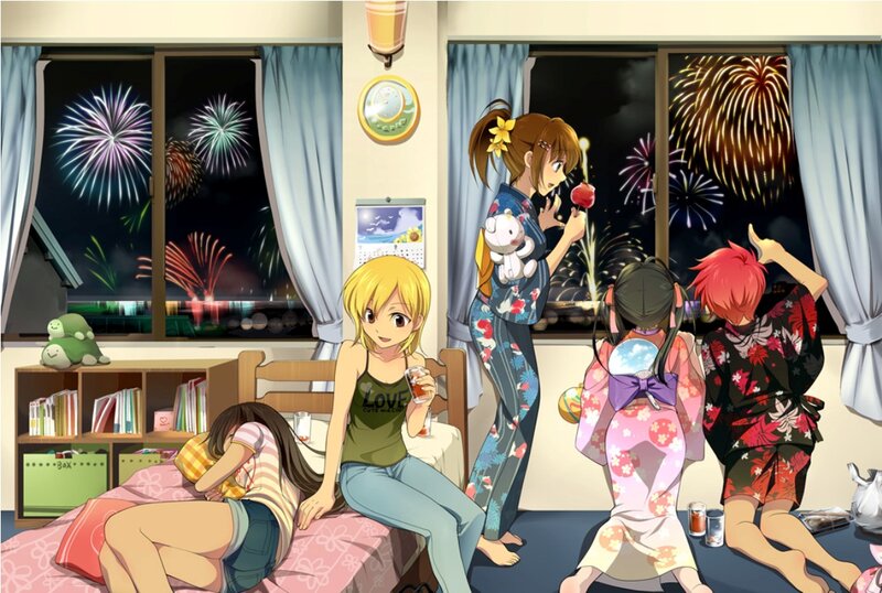 Anime Girls Watching Fireworks — Pink