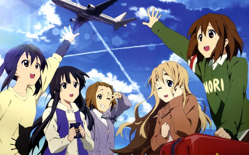 anime girls waving at airplane