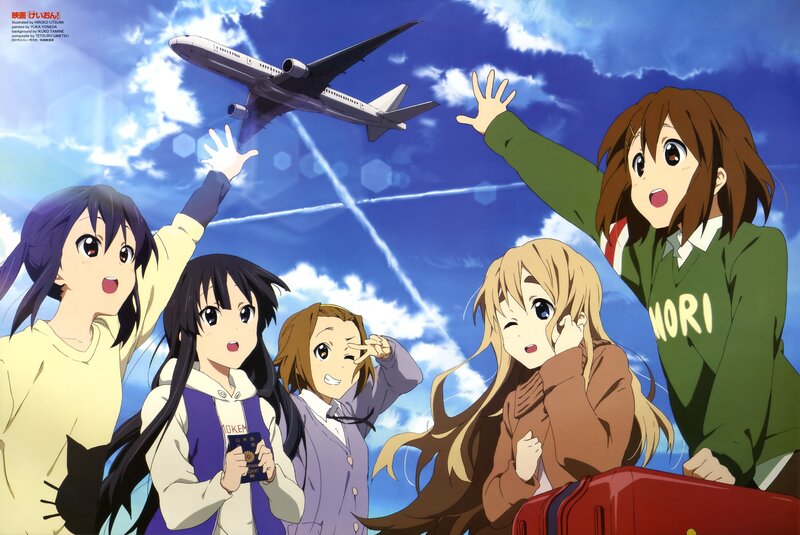 anime girls waving at airplane