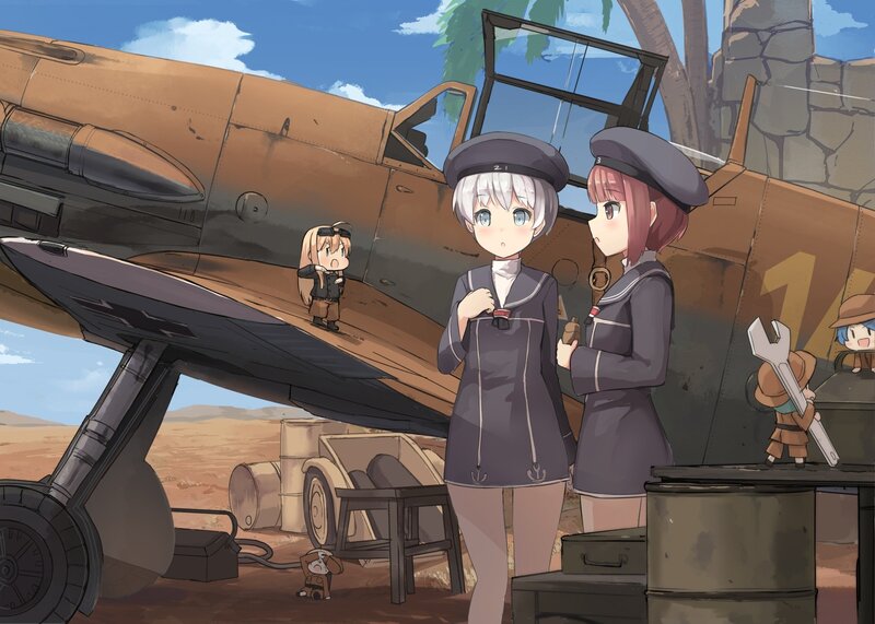 Anime Girls with Airplane — Brown