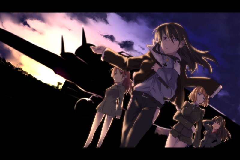 anime girls with airplane silhouette
