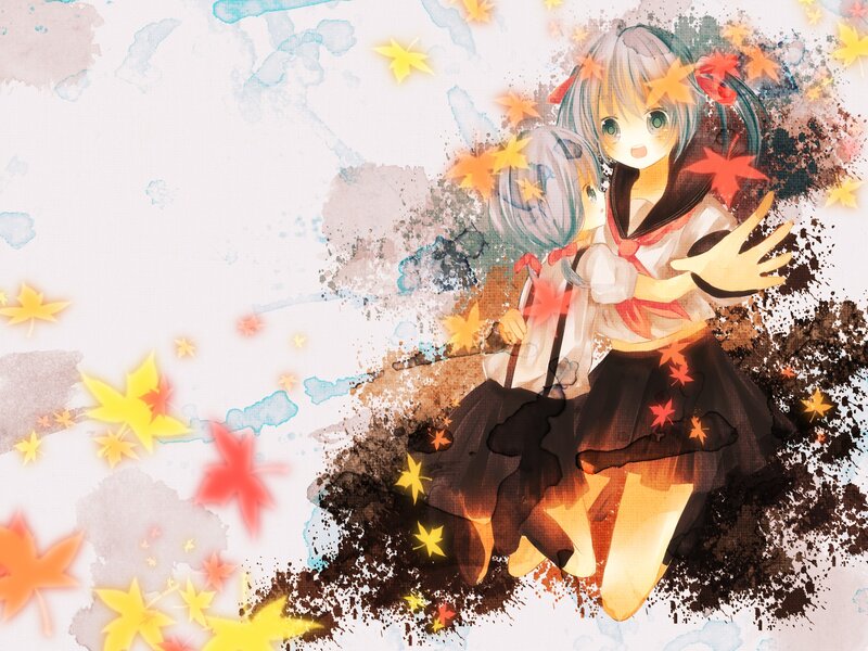 Anime girls with autumn leaves