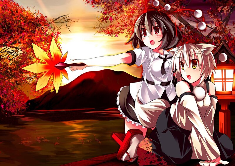 Anime girls with autumn leaves
