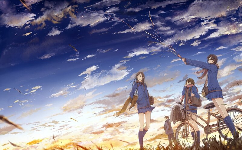Anime girls with bicycle at sunset