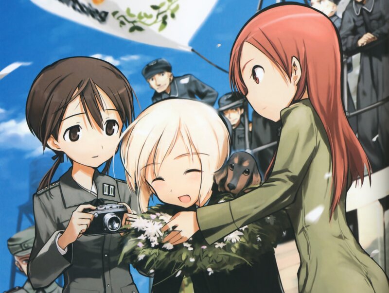 anime girls with camera and dog