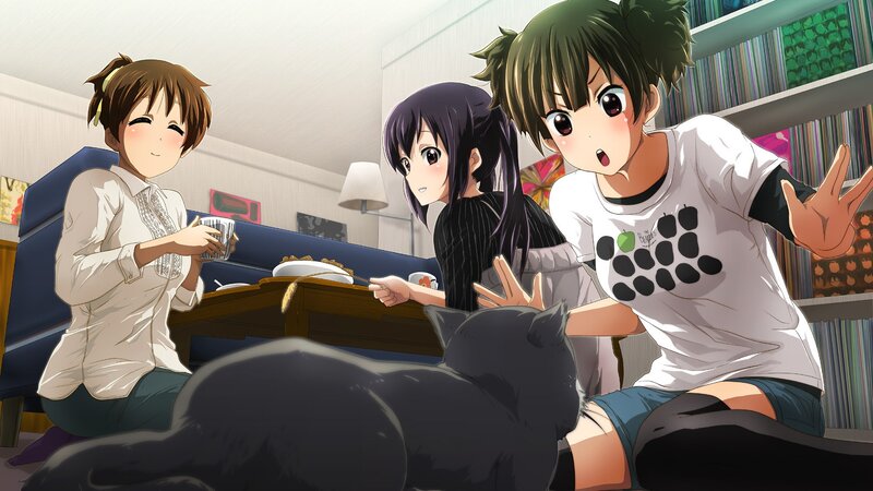 Anime girls with cat at table