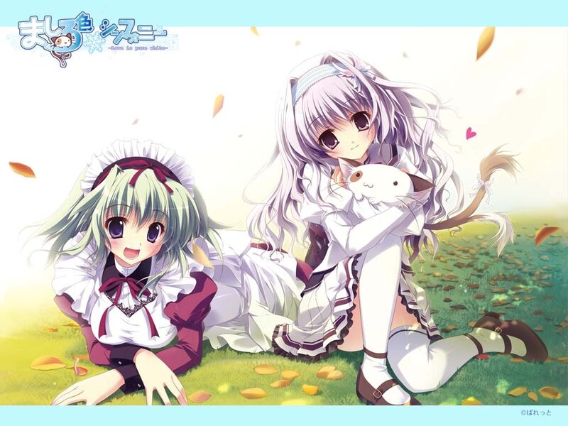 Anime girls with cat in autumn