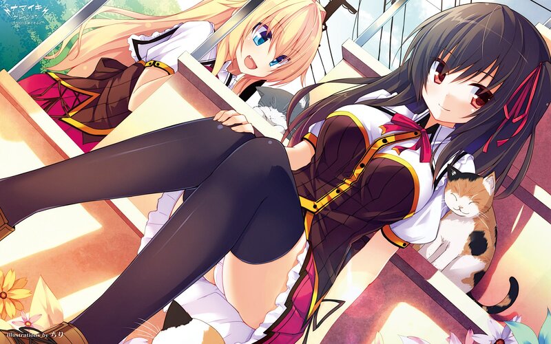 Anime girls with cat on stairs