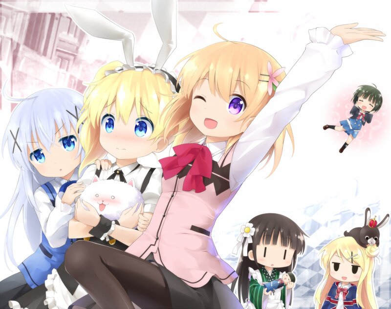 Anime Girls with Cat — White, Playful