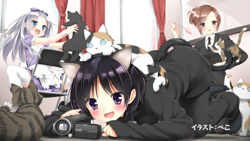Anime Girls with Cats — Black