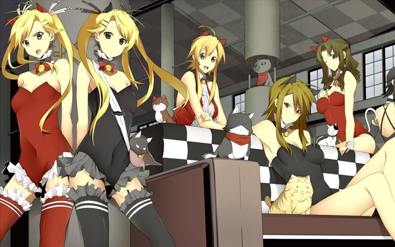 Anime Girls with Cats — Yellow, Playful