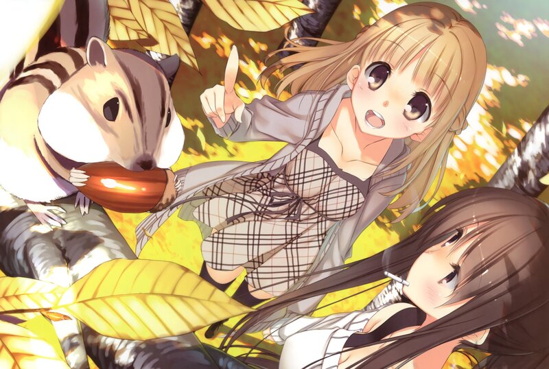 Anime girls with chipmunk in autumn