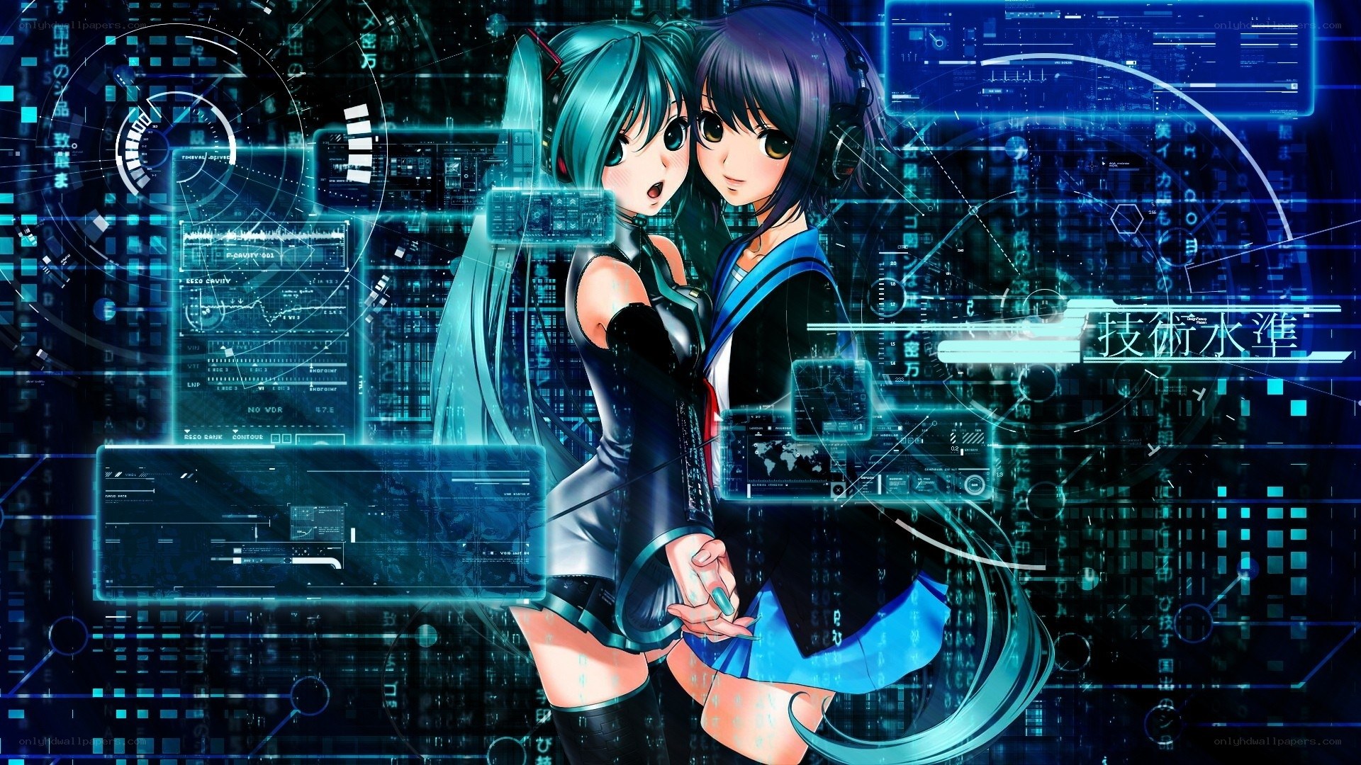 Anime girls with digital interface