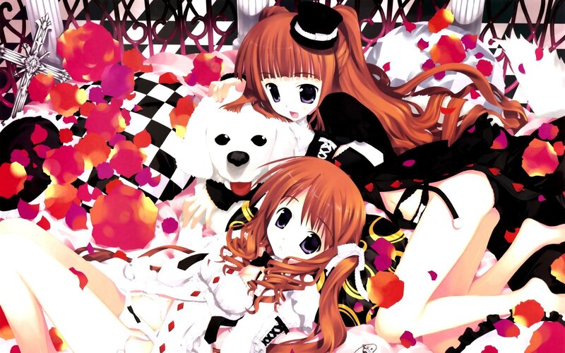 Anime girls with dog and roses