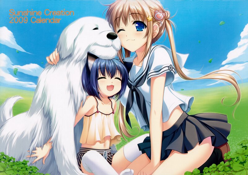 Anime girls with dog in field